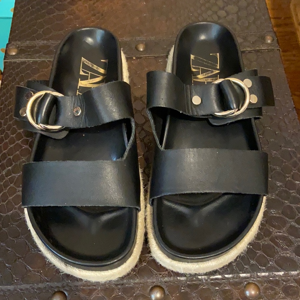 Zara Black Real Leather slide